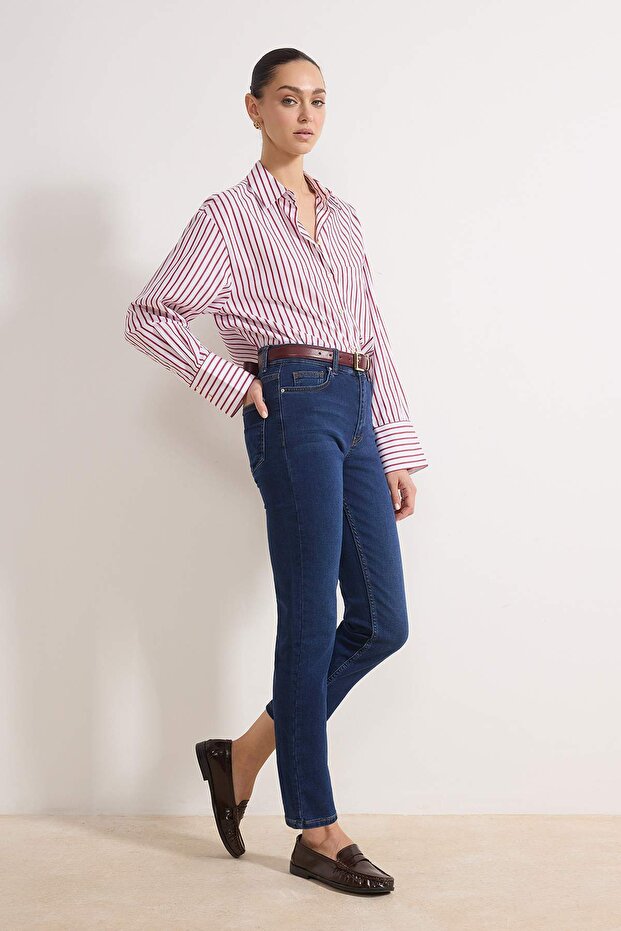 Koyu Mavi Yüksek Bel Straight Yumuşak Ekstra Esneyen Örme Kot/Jeans TWOSS26JE00104 - 3