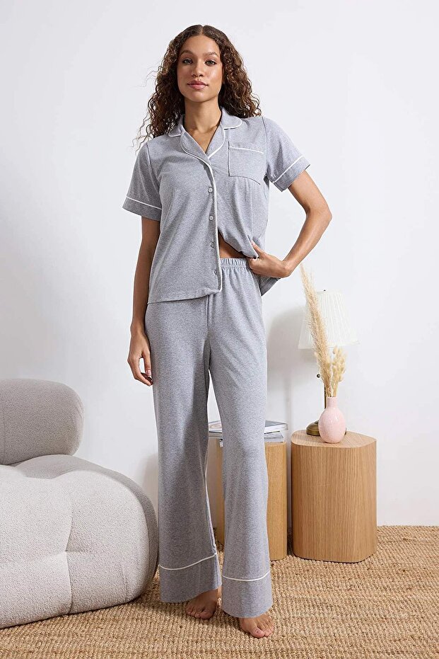 Gri Melanj Biyeli Cep Detaylı Viskon Örme Pijama Takımı THMSS26PT00047 - 1