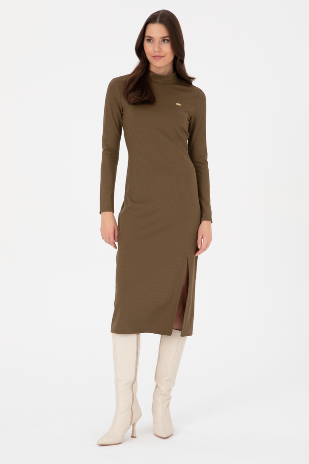 Women's Khaki Slit Stand Collar Knitted Dress 50297367 -Vr027