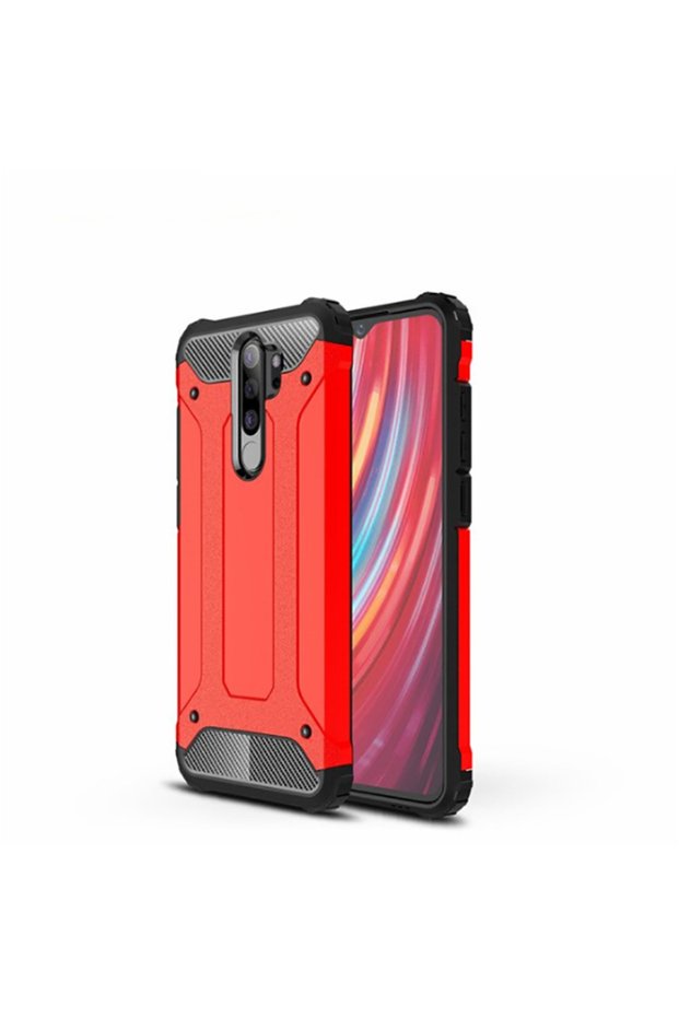 متوافق مع هاتف Redmi Note 8 Pro - حافظة مزدوجة الطبقات واقية من الصدمات على شكل دبابة عسكرية - أحمر