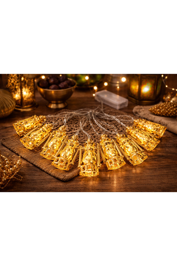 سلسلة إضاءة فوانيس رمضان معدنية ذهبية - 10 فوانيس LED بطول 2 متر - زينة رمضانية أنيقة تعمل بالبطارية