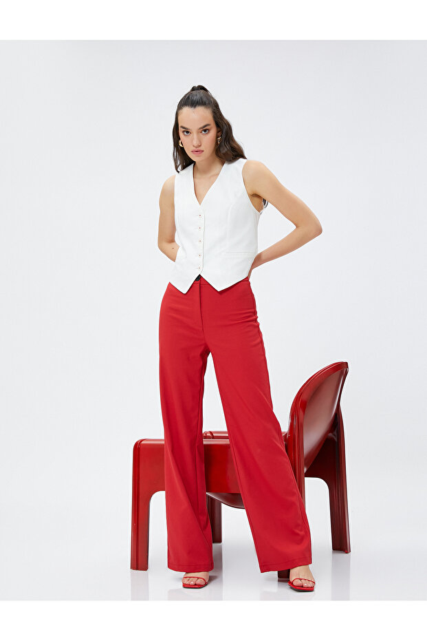 Wide Leg Trousers High Waist Buttoned