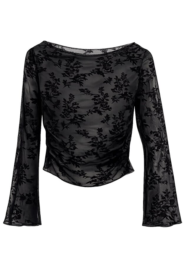 Siyah Transparan İşlemeli Bluz - 2
