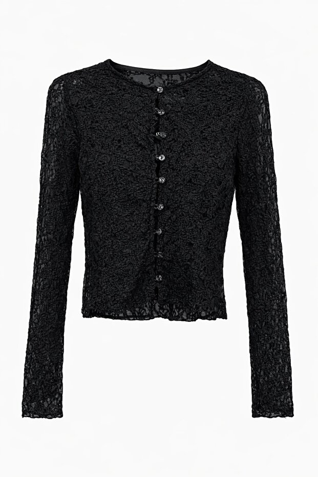 Siyah Düğmeli Dantel Bluz - 2