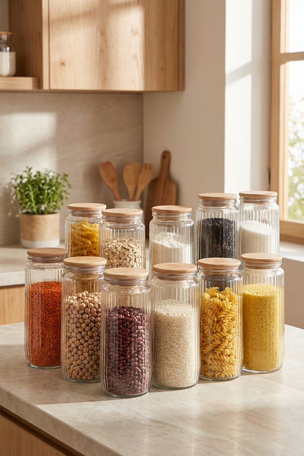 12-Piece Vacuum Glass Storage Container Set with Wooden Lids 1500 ml – Kitchen Organizer