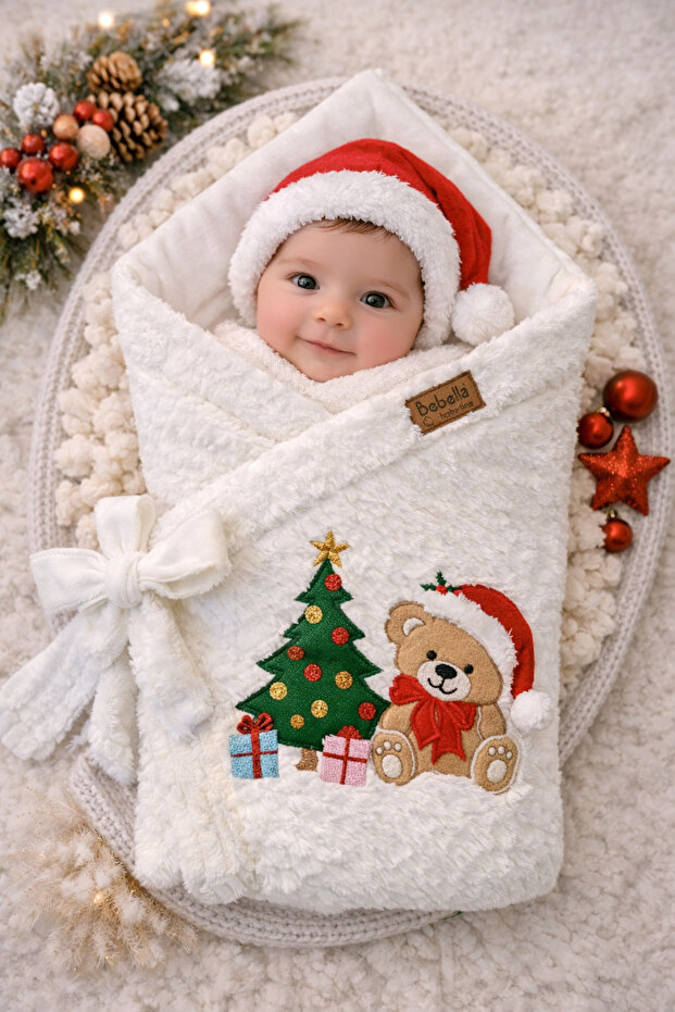 Ecru Winter Baby Blanket & Swaddle - Pine Tree & Teddy Bear Embroidered Hospital-Issued Newborn