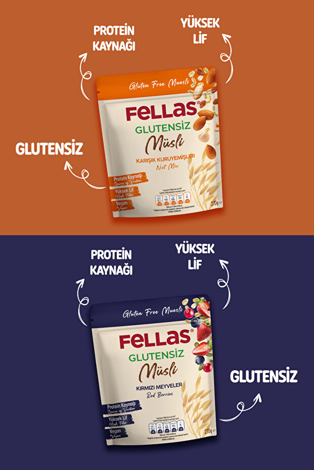 Glutensiz Müsli 2'li - Karışık Kuruyemişli (270 g) + Kırmızı Meyveli (270 g) - 2