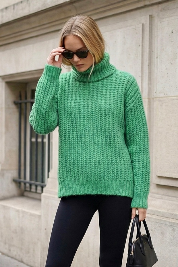 Women's Oversized High Neck Thick Knitwear Tunic – Comfortable Fit Winter - Green