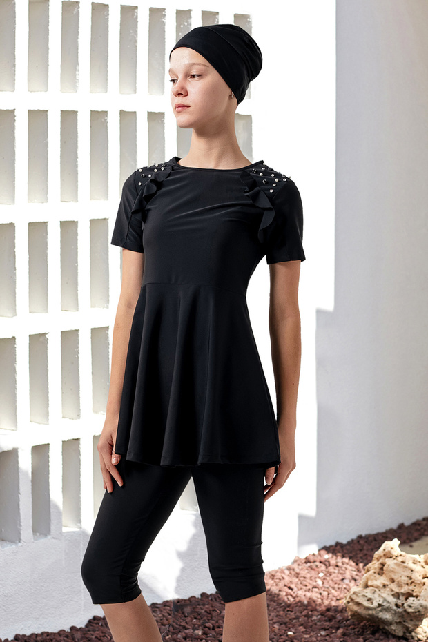 Uv Protection Young Girl Short Sleeve Semi Covered Hijab Swimsuit 1907 Black