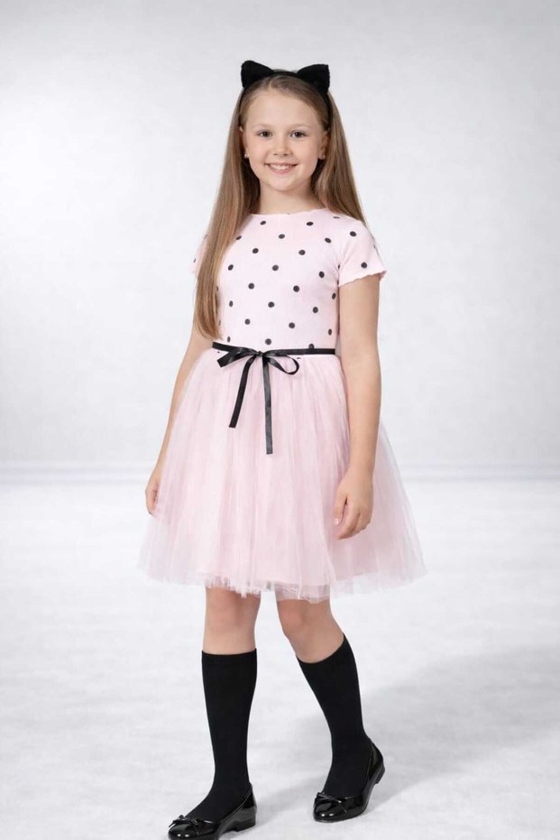 Polka Dot Girl's Short Sleeve Tulle Dress for Birthday and Special Occasions