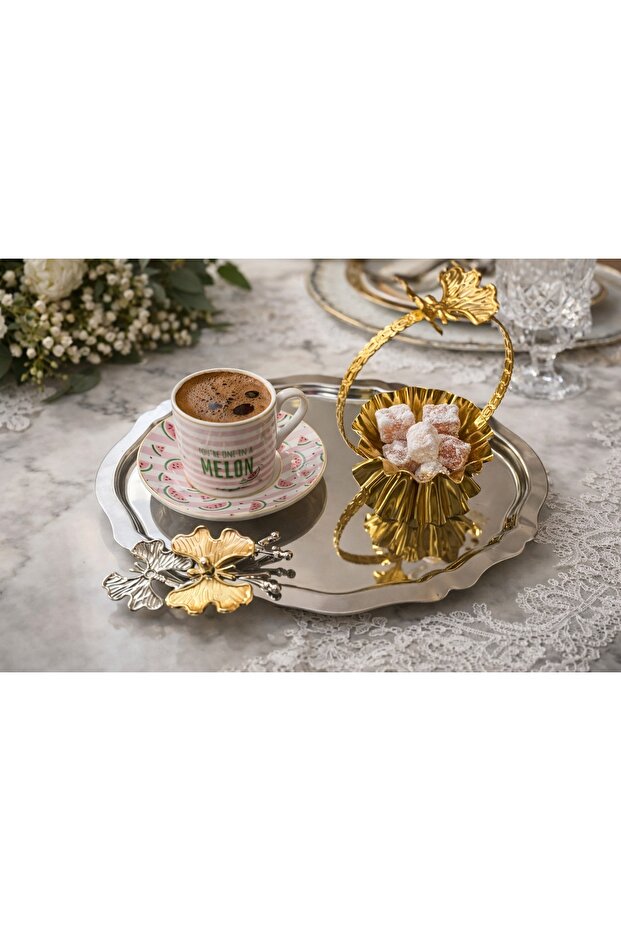 2-Piece Stainless Steel Oval Butterfly Accessory Tea Coffee Presentation Promise Engagement Tray Gold & Silver 20X25 cm