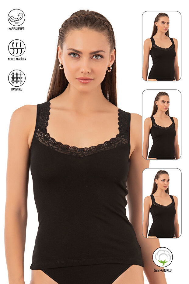 Özkan 0181 3-Pack 95% Cotton Stretch Fabric Single Jersey Fabric Lace Collar Flexible Comfortable Thick Strap Undershirt