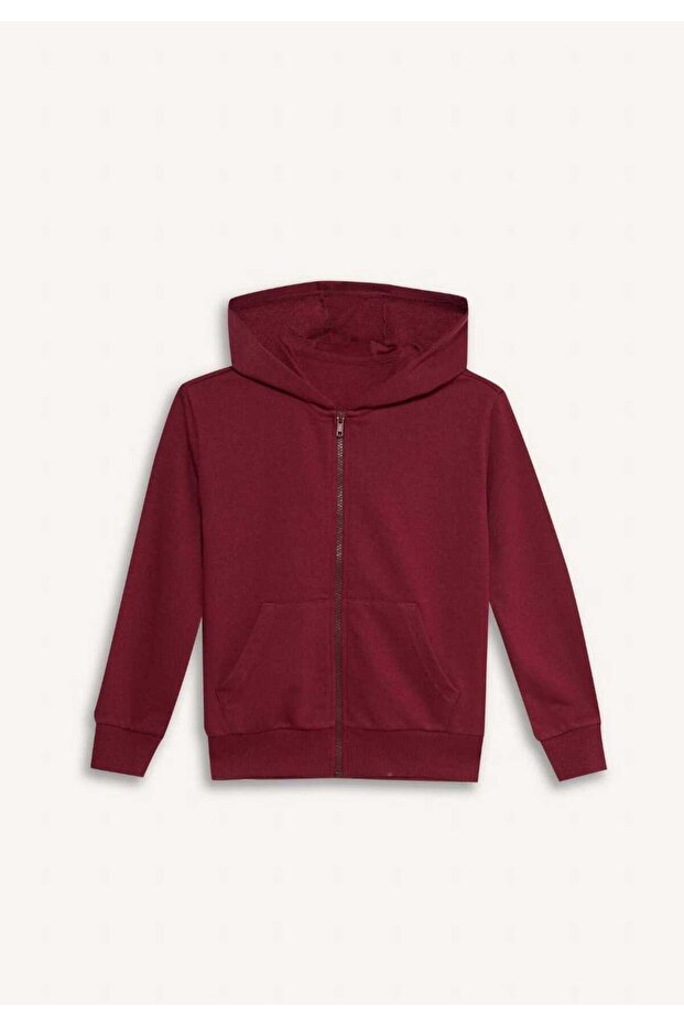 Unisex Children's Burgundy Zippered Hooded Sweatshirt - Most Comfortable Basic Cardigan for School - Daily Use 3-10 Years Old