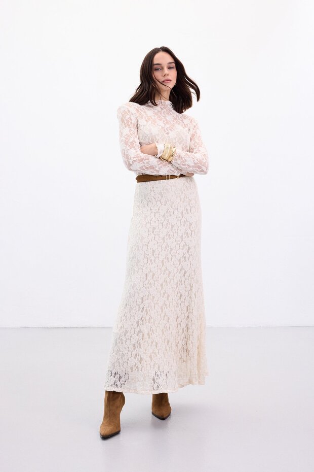 Fusta lungă din dantelă - Bej - 4