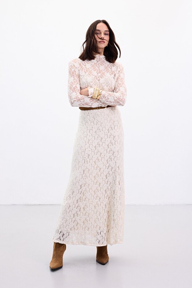 Fusta lungă din dantelă - Bej - 2