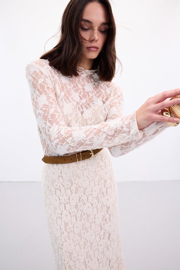 Transparan Dantel Bluz - Bej - 6