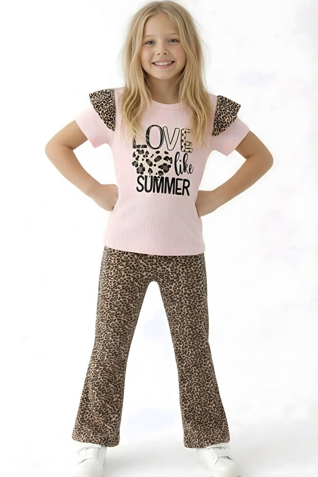 Girl's Leopard Patterned Summer Double Suit Short Sleeve T-Shirt and Leggings