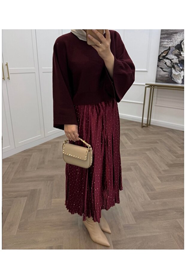 Minik Taşlı Plise Etek - 1