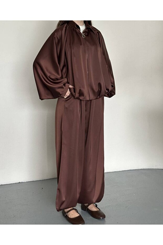 Zipper Jacket Oversized Satin Fabric Brown Set