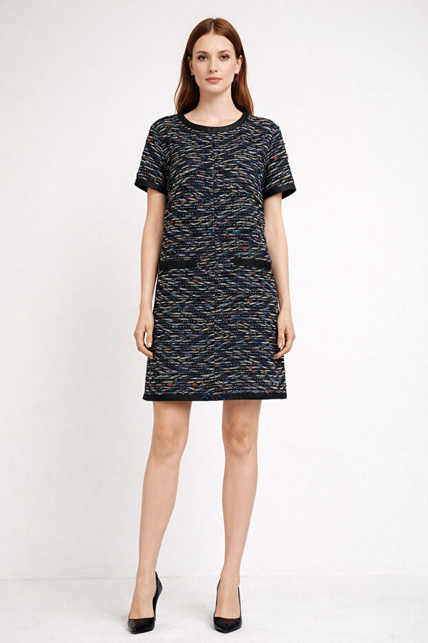 Deri Detaylı Renkli İp Örme Mini Elbise - 1