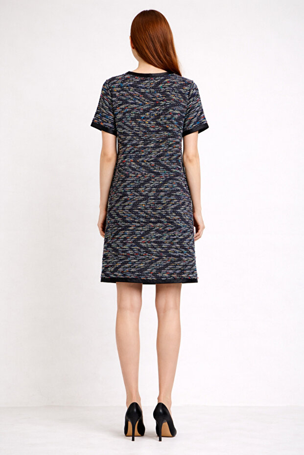 Deri Detaylı Renkli İp Örme Mini Elbise - 4