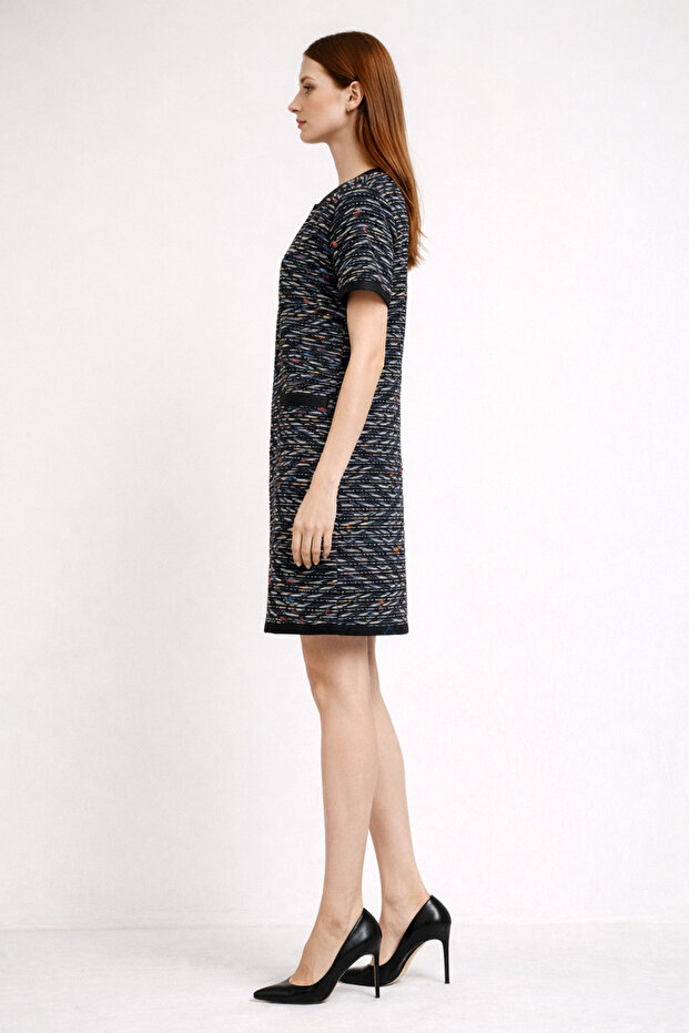 Deri Detaylı Renkli İp Örme Mini Elbise - 3