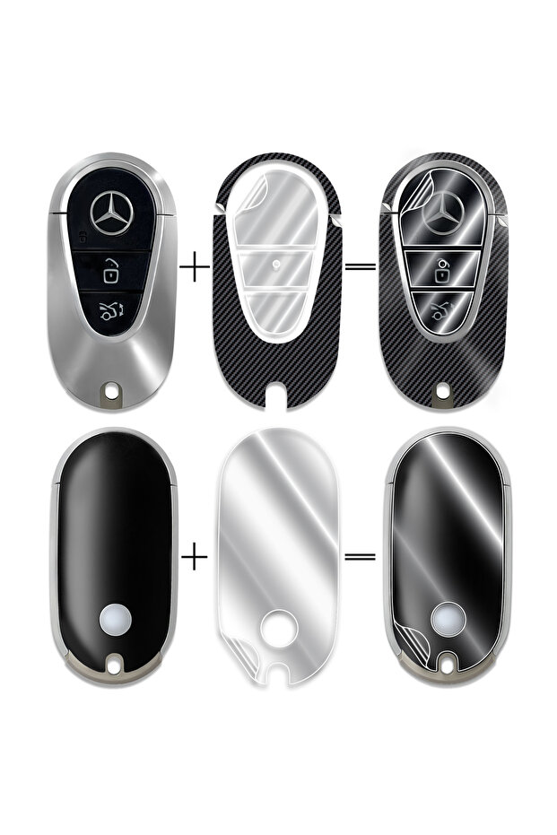 Mercedes C E S GLC CLE EQE EQS SL Smart Key Protector – مجموعة الملصقات (ليست حافظة) (أسود)