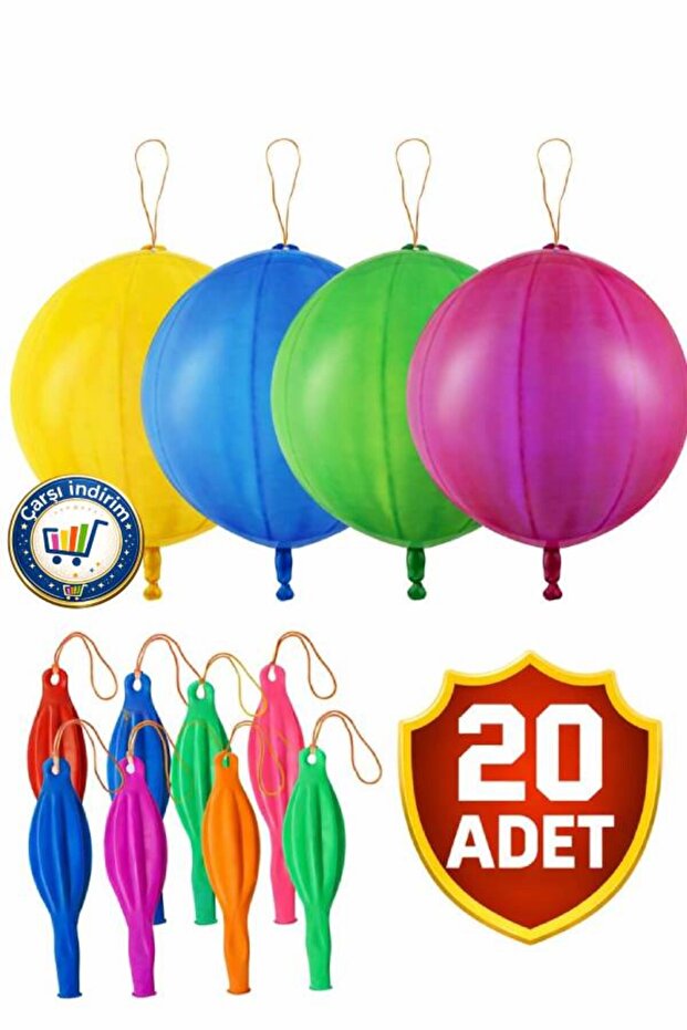 nistabolje 20 Adet Lastikli Zıpzıp Balon Ipli Punch Panç Büyük Balon