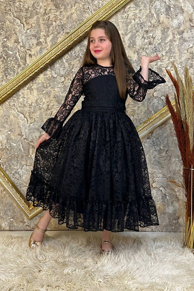 Black Lace Children's Evening Dress Aby0023