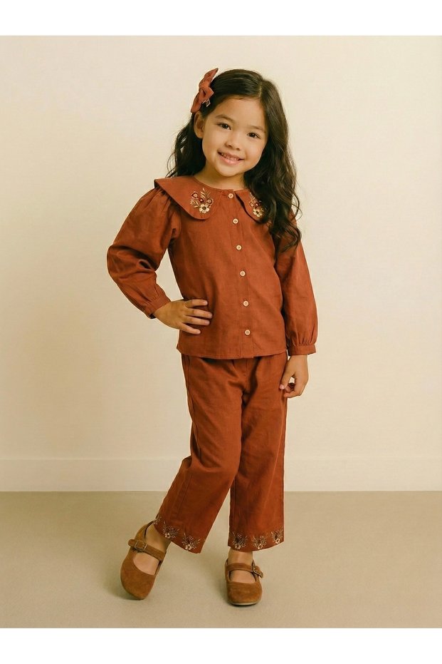 Girl's 3-Piece Linen Set | 100% Cotton Blouse, Pants & Headband | 3-9 Years Old | Rg1714