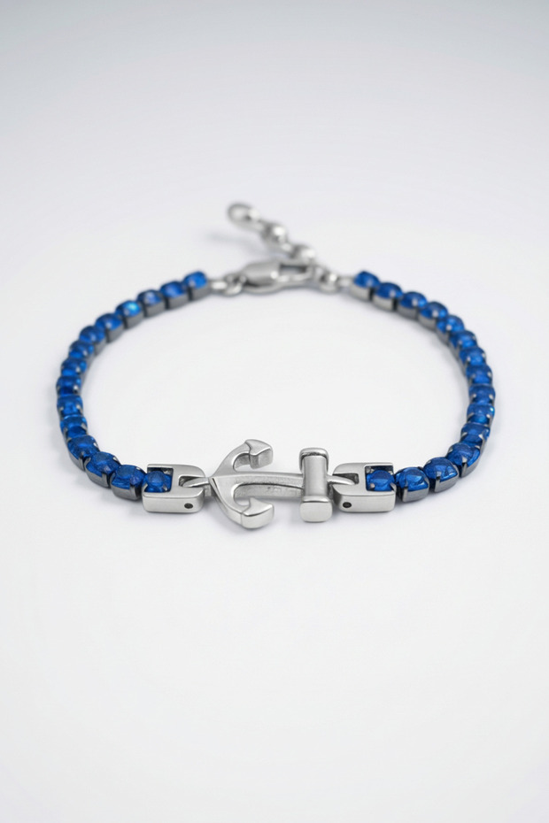Anchor Motif Shiny Navy Blue Zircon Stone Men's Steel Bracelet - Adjustable 21 cm
