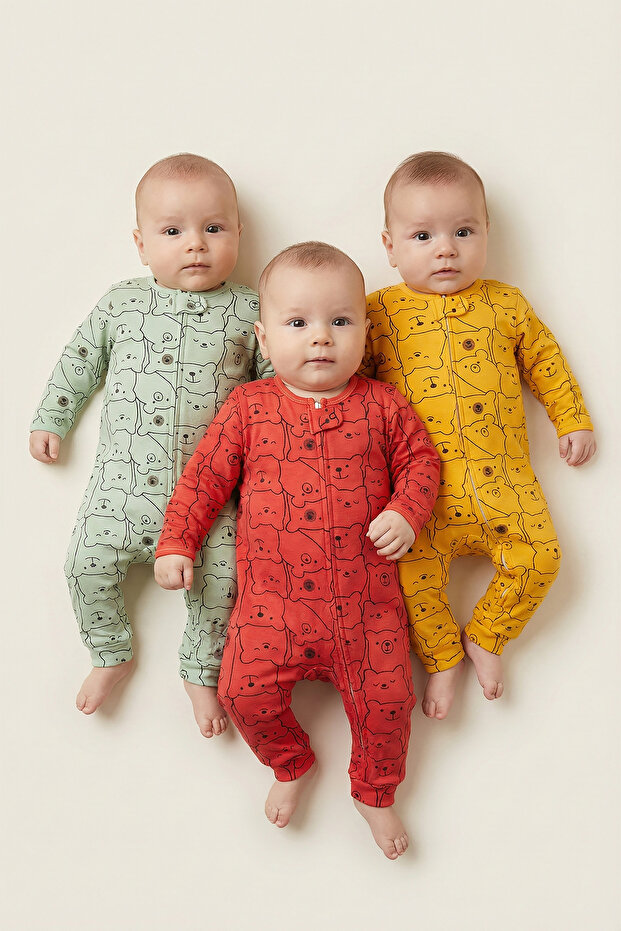 Colorful Teddy Bears Series 3-Piece Cotton and Zippered Baby Romper Set