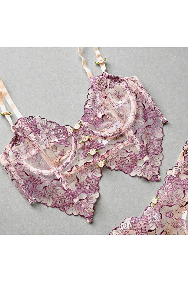 Mor Çiçekli Büstiyer Takım - 4