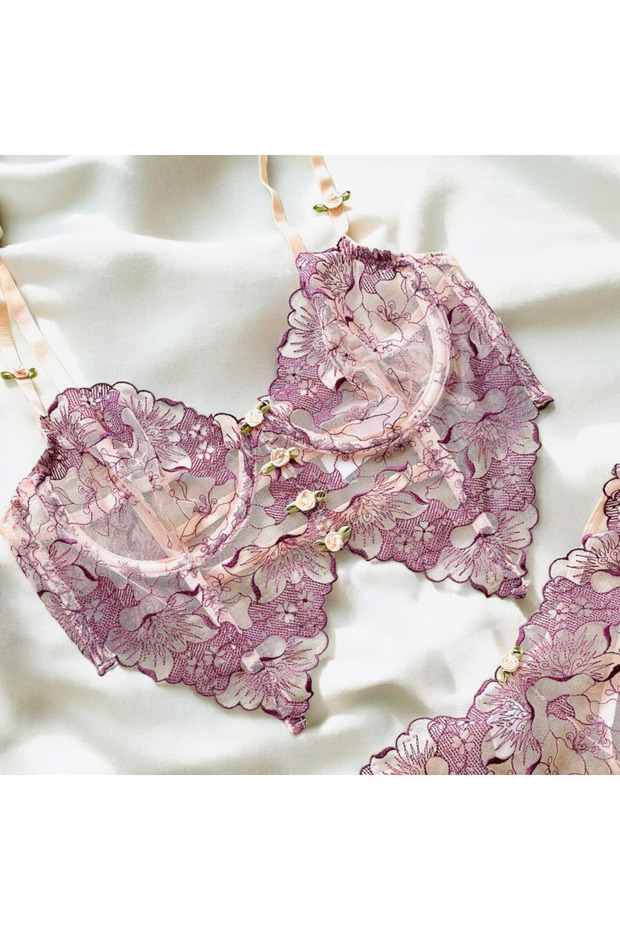 Mor Çiçekli Büstiyer Takım - 3