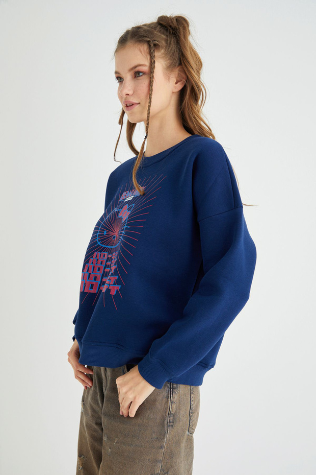 Lisanslı Baskılı Kalın Lacivert Sweatshirt - 4