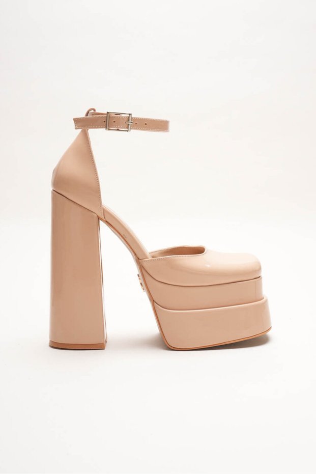 Women's Nude Patent Leather Double Platform Chunky Heel Women's Shoes - Ankle Strap Blunt Toe Evening Dress Shoes