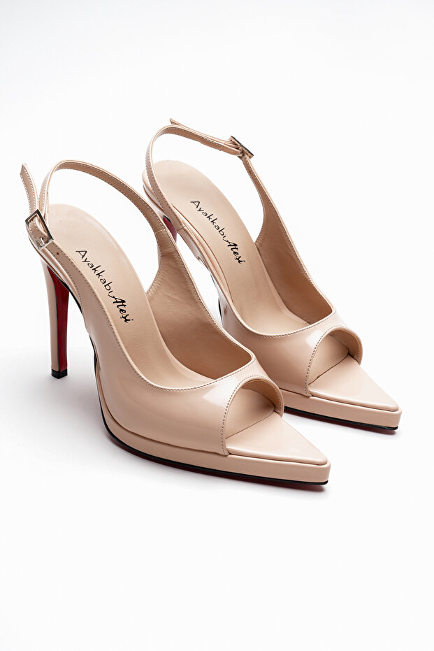 Women's Back Open Pointed Toe Thin Heeled Platform Shoes Hari Nude Patent Leather