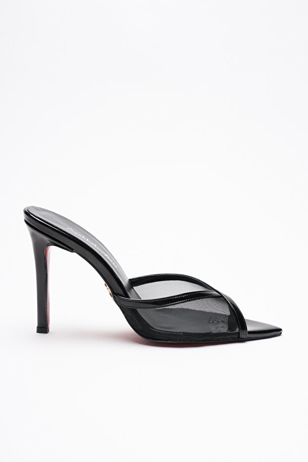 Women's Open Toe Mesh Heeled Slippers Yekta Black Patent Leather