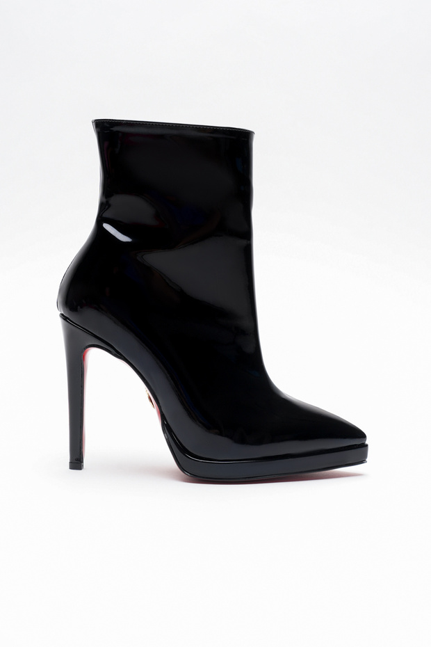 Women's Pointed Toe Thin Heeled Boots Accosie Black Patent Leather