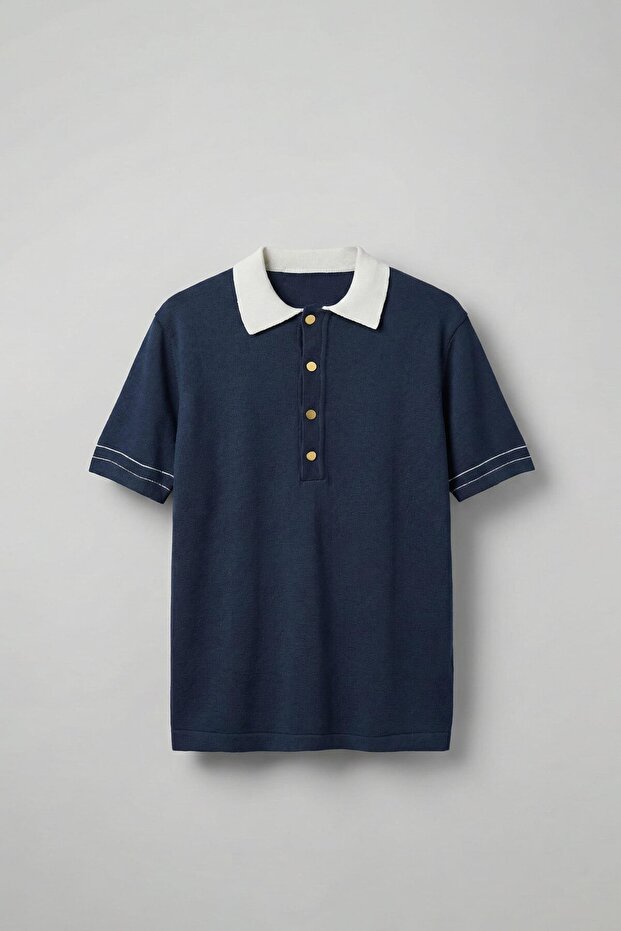 Men's Contrast Polo Collar Premium Regular Fit T-Shirt Navy Blue