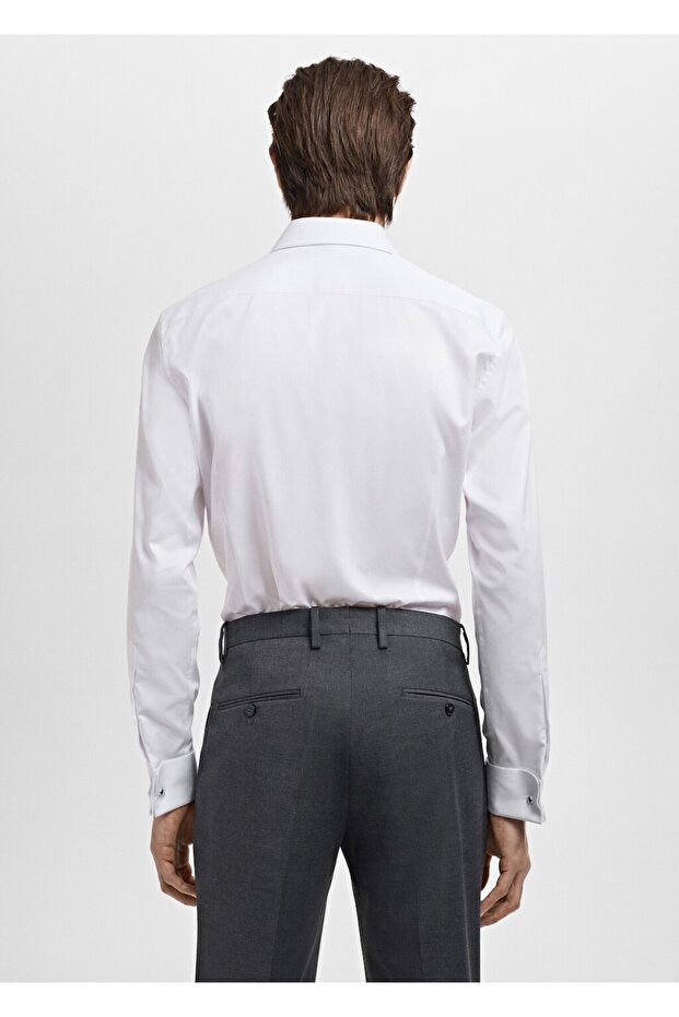 Kol düğmeli slim fit dimi kumaş gömlek - 4