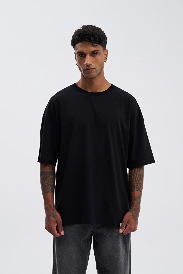 Erkek Basic Super Pamuklu Oversize Tişört Siyah - 3