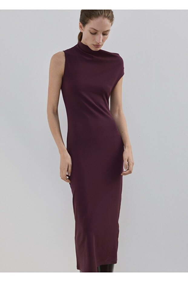 Asimetrik yaka midi elbise - 1