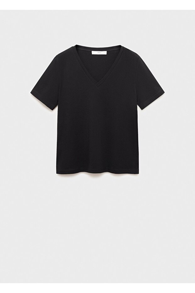 V yakalı pamuklu tişört - 3