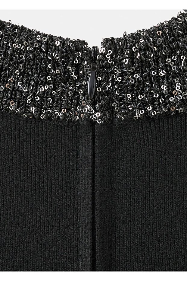 Payetli yaka triko elbise - 5