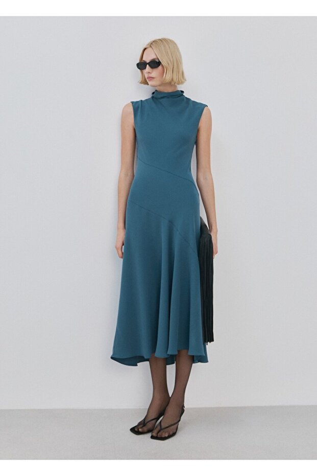 Drape yaka uzun elbise - 2