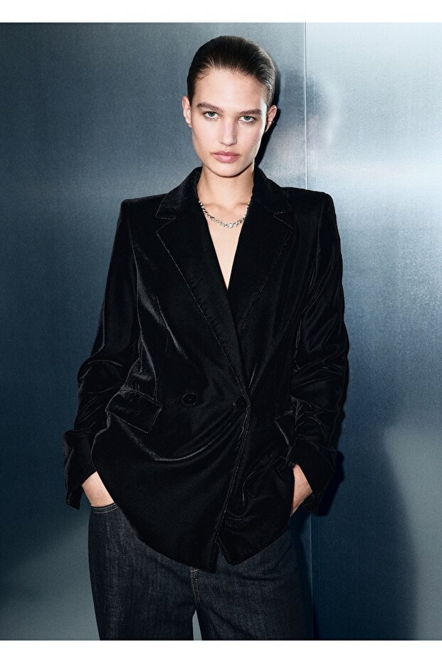 Kadife kruvaze blazer ceket - 1