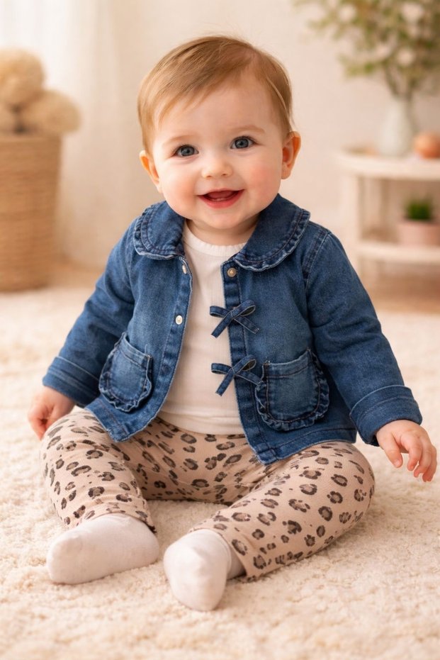Baby Girl Set with Bow Detail Denim Jacket