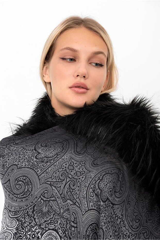 Kürk Detaylı Desenli Kadın Şal - 4