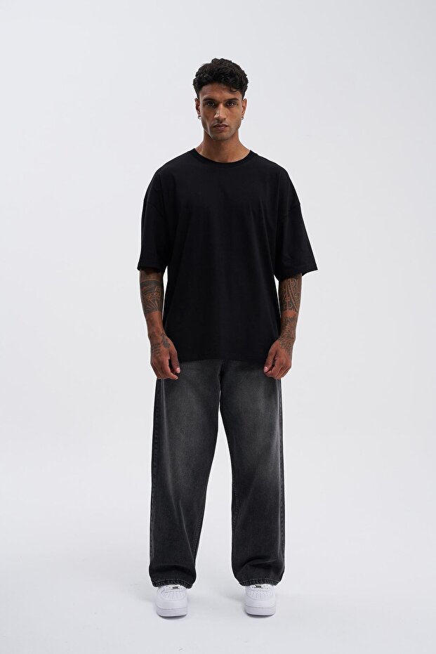 Erkek Basic Super Pamuklu Oversize Tişört Siyah - 5